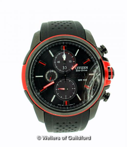 *Gentlemen's Citizen Eco-Drive wristwatch, circular black dial with red detail, baton hour