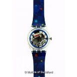 Swatch wristwatch, with skeleton dial, on a blue plastic strap