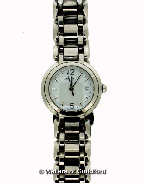 *Ladies' Longines Primaluna wristwatch, circular white dial, with baton hour markers and date