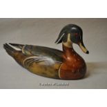 Tom Taber, hand carved wooden decoy duck, Wood Duck.