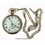 J W Benson silver open face pocket watch, white ceramic dial with Roman numerals and subsidiary