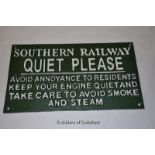 *"Southern Railway - Quiet Please" sign (avoid annoyance to residents, keep your engine quiet and