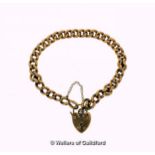 9ct yellow gold curb link bracelet, with heart clasp and safety chain, weight 10.2 grams