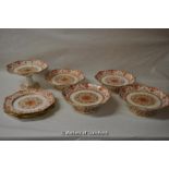 Five Minton octagonal cake stands and five additional plates, burnt orange and gilt decoration