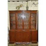 A reproduction mahogany breakfront bookcase with glazed doors over cupboard doors, 179.5 x 152cm.