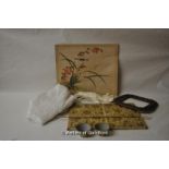 Oriental silk picture, gilt decorated writing rest and cups, lace, gloves and picture frame