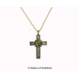 *Diamond set cross pendant, mounted in yellow metal stamped 14ct, on a yellow metal fine chain,