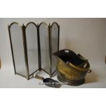 A brass helmet coal scuttle, small shovel and fire guard