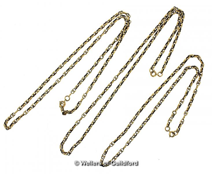 Three fancy link chains, stamped 9ct, lengths 57cm, 51cm and 44cm, gross weight 24.2 grams