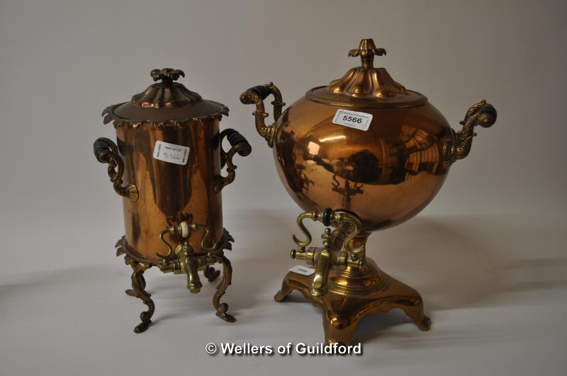 Two copper tea urns with brass mounts, one cylindrical, the other globular.