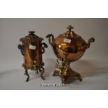 Two copper tea urns with brass mounts, one cylindrical, the other globular.