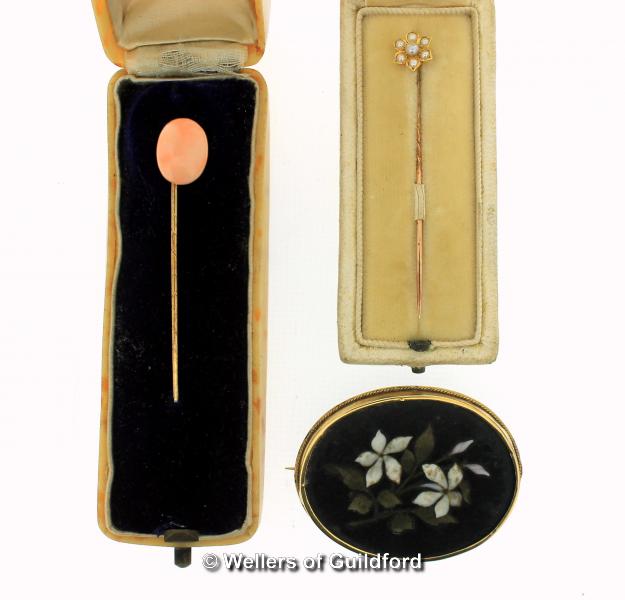 Pietra Dura brooch, with a yellow metal border tested as 18ct, 45 x 35mm, together with a coral