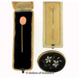 Pietra Dura brooch, with a yellow metal border tested as 18ct, 45 x 35mm, together with a coral