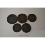 Two cartwheel 2d coins, two cartwheel 1d coins, all dated 1797, and a very rubbed coin.