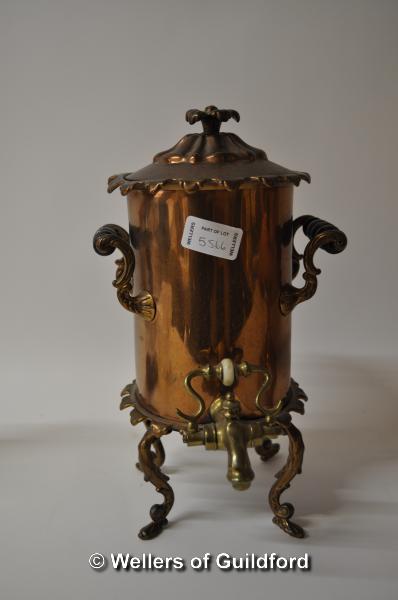 Two copper tea urns with brass mounts, one cylindrical, the other globular. - Image 2 of 3