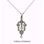 Art Deco diamond set pendant necklace, old cut and single cut diamonds in a millegrain setting,