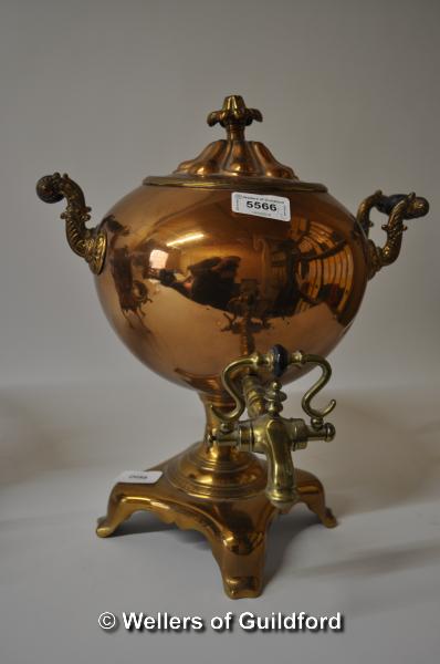 Two copper tea urns with brass mounts, one cylindrical, the other globular. - Image 3 of 3