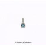 Aquamarine and diamond pendant, square cut aquamarine rubover set, with a vertical row of three