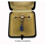 Antique diamond and sapphire bar brooch, set with an old mine cut diamond weighing an estimated 0.