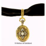 Antique oval locket, diamond set with rose cut diamonds mounted in a lozenge shape, with diamond set