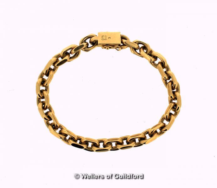 Yellow metal fancy link bracelet, stamped as 14ct, length 19.5cm, gross weight 42.7 grams