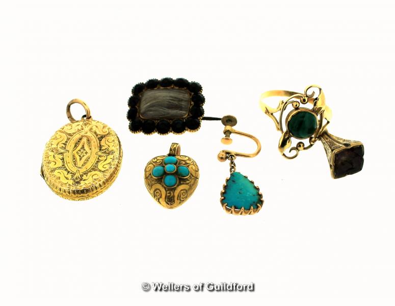 Selection of yellow metal jewellery, tested as 14ct, including a mourning brooch, oval locket,