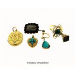 Selection of yellow metal jewellery, tested as 14ct, including a mourning brooch, oval locket,