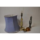Onyx style lamp base with blue shade, Haiti dish and similar origin carved bird figure