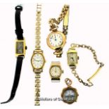 Two ladies' vintage 9ct gold cased wristwatches, a ladies' Pulsar wristwatch on a 9ct gold bracelet,