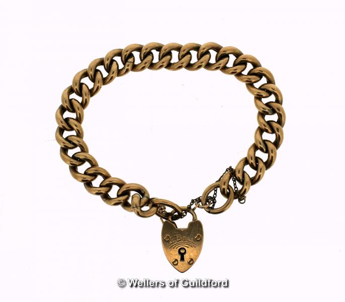 9ct gold curb link bracelet, with heart clasp and safety chain, weight 21.1 grams
