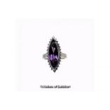 Amethyst and diamond marquise shaped cluster ring, the central marquise cut amethyst surrounded by