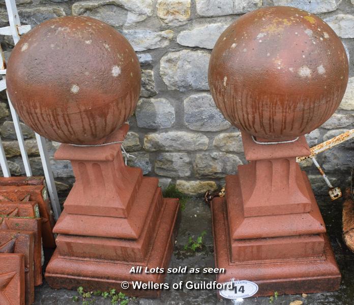 *PAIR OF TERRACOTTA BALL TOP PIER CAPS, EACH 760 HIGH