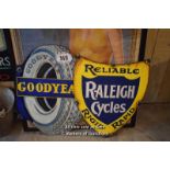 *TWO MIXED DECORATIVE SIGNS "GOODYEAR" AND "RALEIGH CYCLES"
