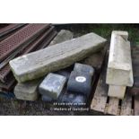 *PALLET CONTAINING SIX BALL NOSE CORNER BRICKS, TWO STONE STEPS AND A STONE PIER CAP