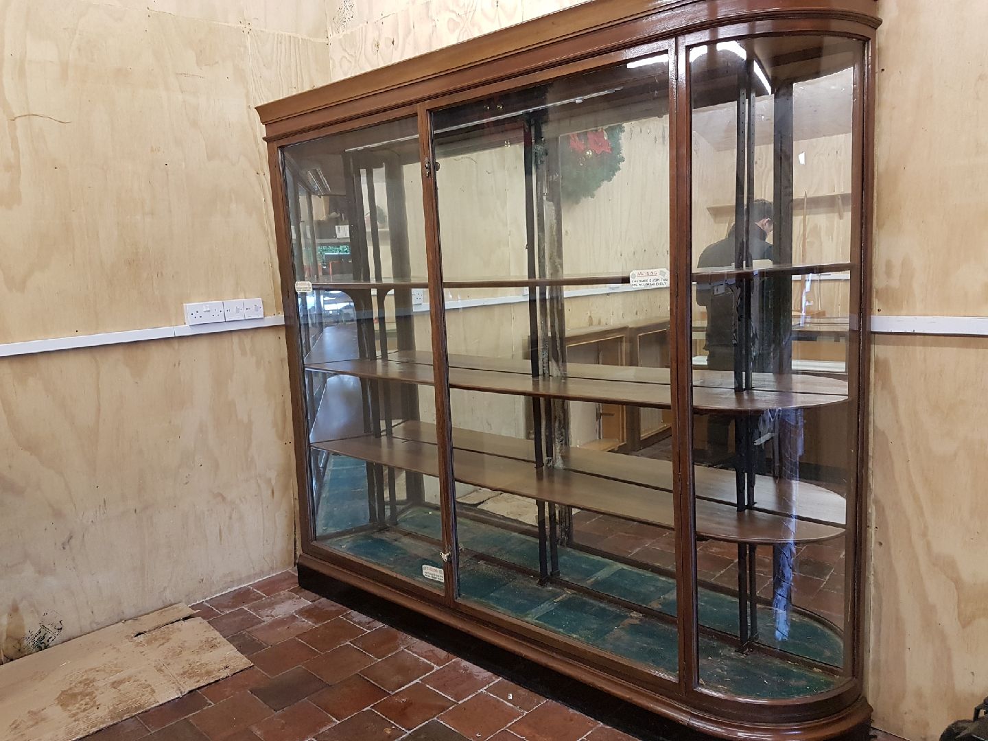 *VICTORIAN BOW END MAHOGHANY FULLY GLAZED JEWELLERS CABINET APPROX 7FT X 6FT