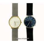 *Two gentlemen's Skagen wristwatches, one with a cream dial in bi-colour stainless steel, the