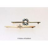 Bar brooch in yellow metal stamped 15ct, set with a freshwater pearl to the centre, gross weight 2.2