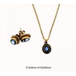 Sapphire pendant and earring set, oval cut sapphire rubover set in 9ct yellow gold, with a rope