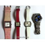 Three ladies' wristwatches, including a Skagen with a square mother of pearl dial on a pink