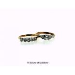 Five stone diamond ring, graduating single cut diamonds illusion set in white metal, on a yellow