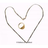 9ct gold signet ring, ring size M, and a three colour 9ct gold necklace, length 41cm, total weight