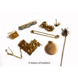 Yellow metal brooch and a single earring stamped 15ct, gross weight 4.7 grams, a yellow metal brooch