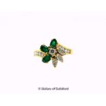 Emerald and diamond cluster ring, central round brilliant cut diamond surrounded by three marquise