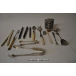 A white metal butterfly box, silver plated pickle fork, bread fork and sugar nips, bone glove