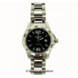 *Gentlemen's Longines stainless steel wristwatch, black circular dial with baton hour markers,