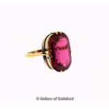 Pink synthetic sapphire ring, fancy oval cut pink synthetic sapphire weighing an estimated 10.50cts,