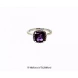 *Amethyst and diamond cluster ring, cabochon cushion cut amethyst with a surround of round brilliant