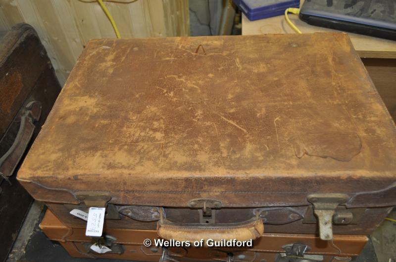 A wood and canvas trunk and two leather suitcases. - Image 6 of 7