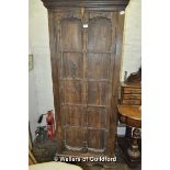 A pine cupboard with two panelled doors enclosing shelves, 182 x 78 x 47cm.