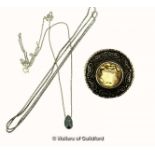 *Silver circular brooch set with a round cut citrine, a baroque pearl pendant on a silver chain, and